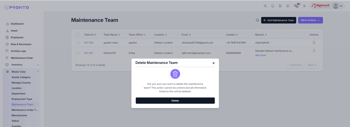 Delete Maintenance Team