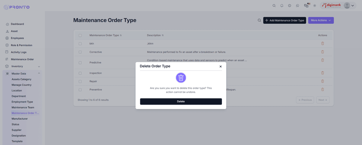 Delete Maintenance Order Type