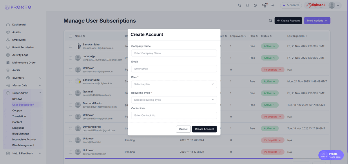 Create Account Popup